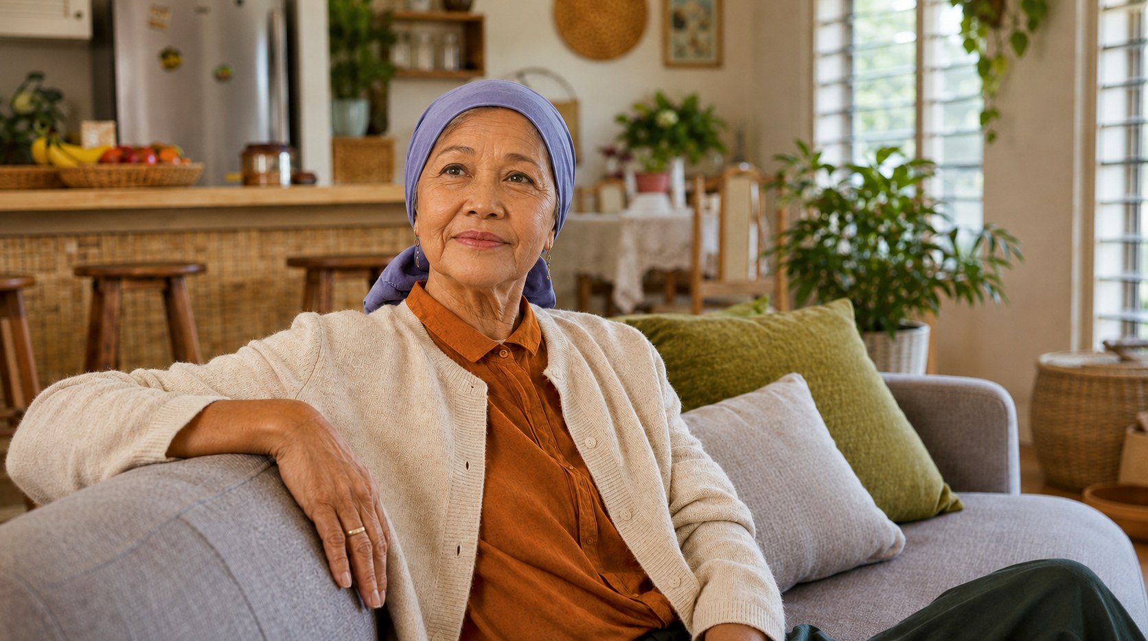 A patient at home, at ease in her own living room.