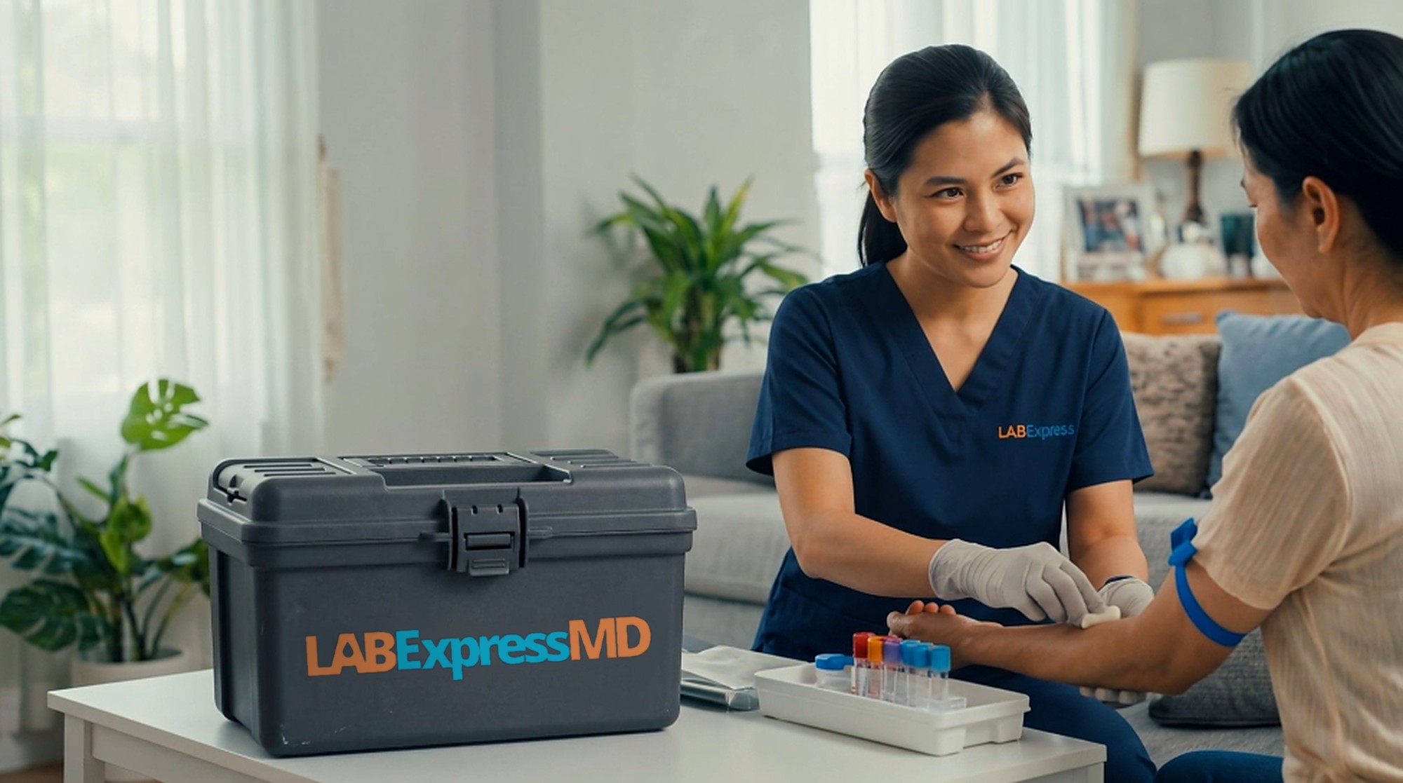A LABExpress Visiting Medical Professional collecting a blood sample from a patient at home.