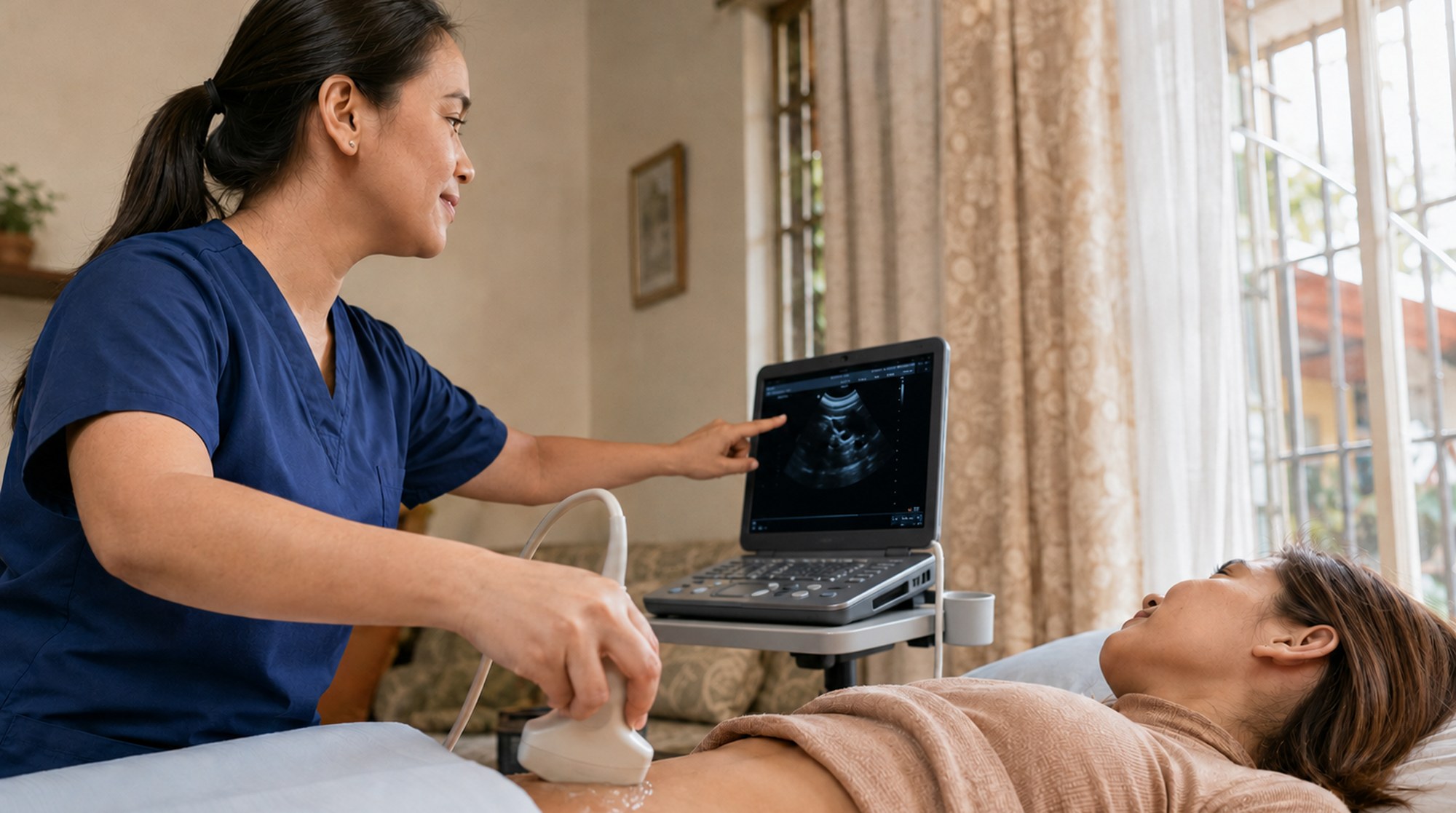 A LABExpressMD professional performing a portable ultrasound study at a patient's home.