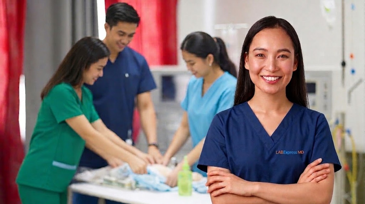 A LABExpressMD LD+ labtech in navy scrubs at a dialysis facility.